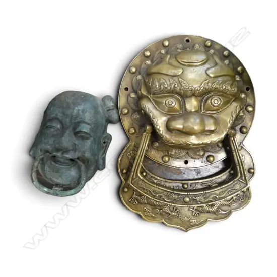 2 ORIENTAL METAL DOOR KNOCKERS; FACE H.170mm & DRAGON H.305mm