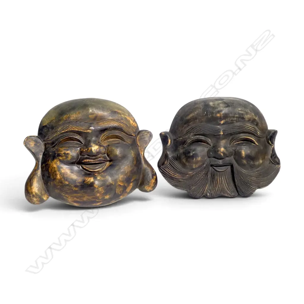 2 CARVED SMILING BUDDHA WALL HANGINGS H.230mm Image 1++