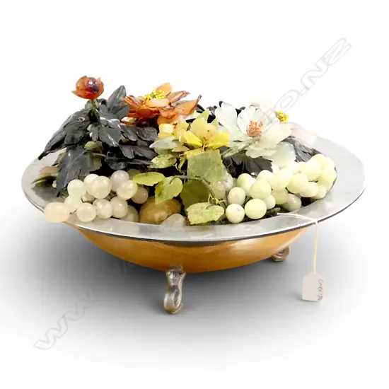 SILVER METAL BOWL w. GEMSTONE FLOWERS H.300mm 470mm dia