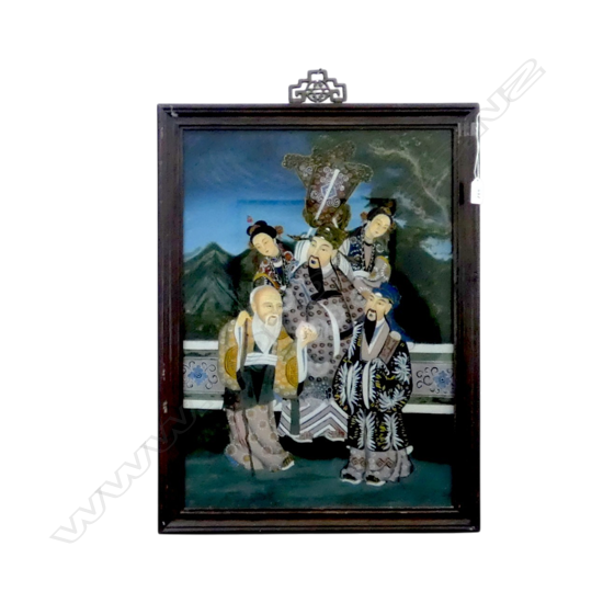 ORIENTAL ARTWORK, REVERSE PAINTED ON GLASS 530x375mm