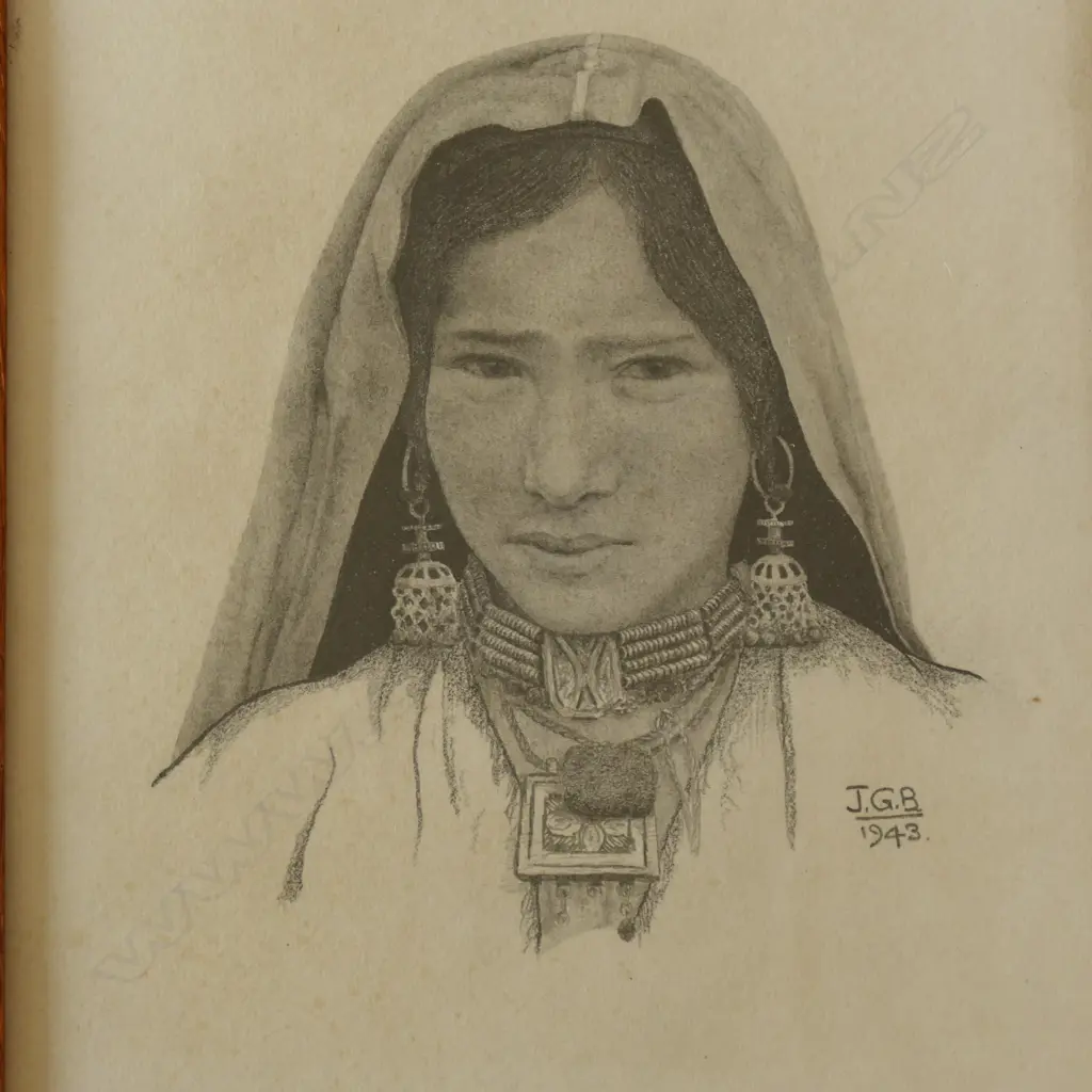 2 KASHMIRI PORTRAIT SKETCHES, BOTH SIGNED J.G.B. 1943, 240x170mm Image 1++