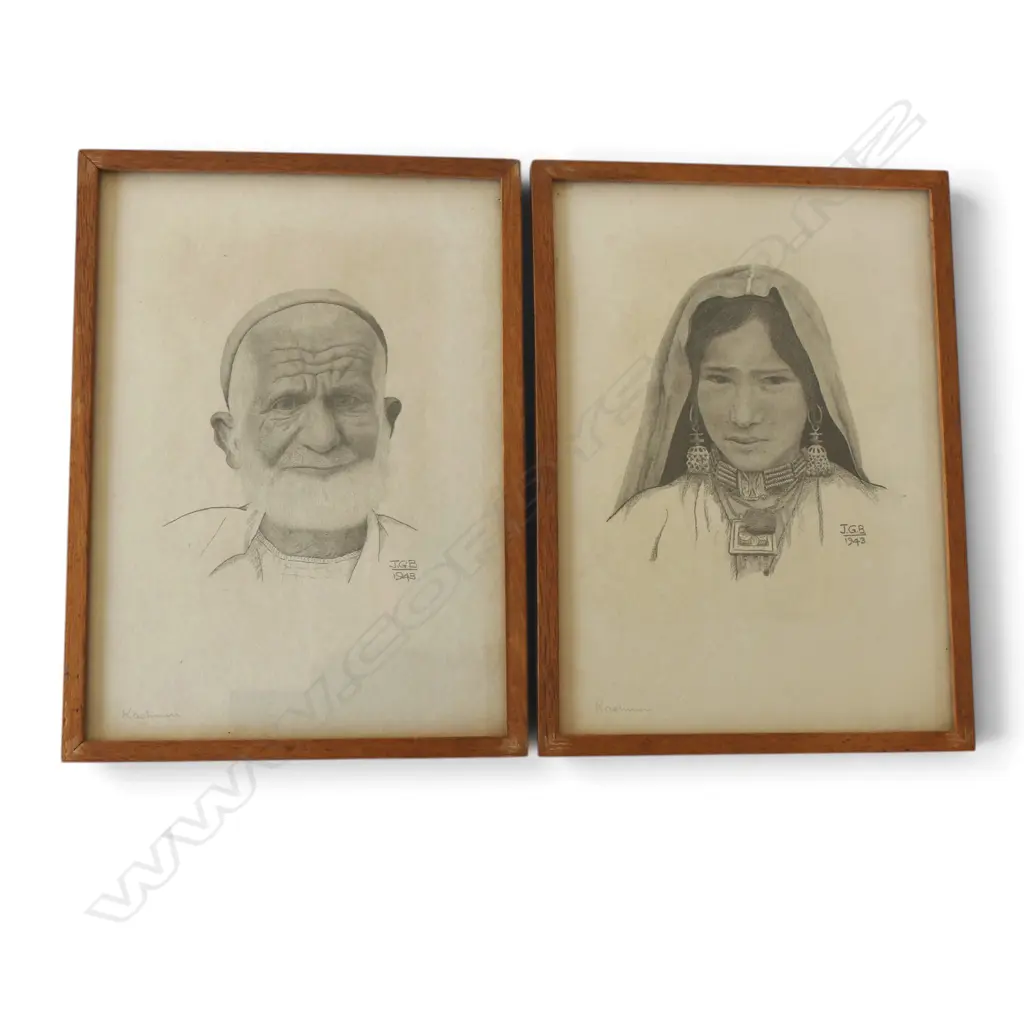 2 KASHMIRI PORTRAIT SKETCHES, BOTH SIGNED J.G.B. 1943, 240x170mm Image 1++