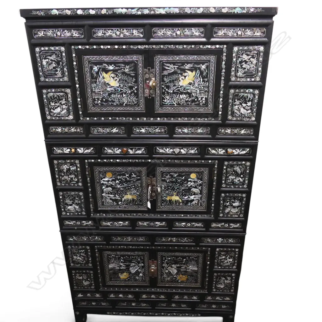 LG KOREAN 3 PART CABINET; BLACK LAQUER w. MoP INLAY one drawer handle missing 1010x495x1835mm Image 1++
