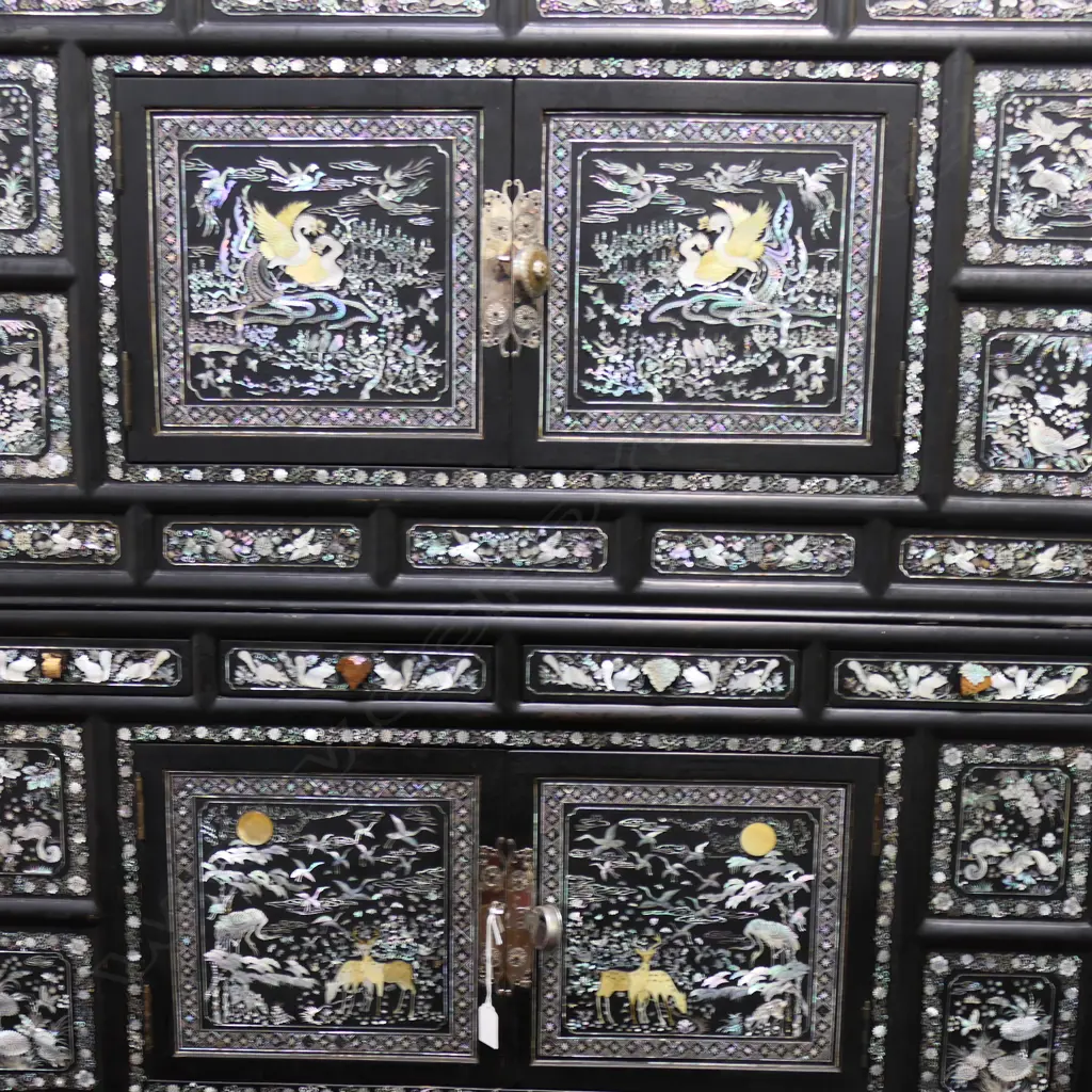 LG KOREAN 3 PART CABINET; BLACK LAQUER w. MoP INLAY one drawer handle missing 1010x495x1835mm Image 1++