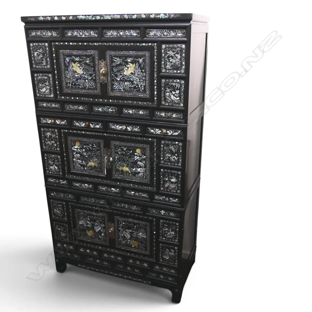 LG KOREAN 3 PART CABINET; BLACK LAQUER w. MoP INLAY one drawer handle missing 1010x495x1835mm Image 1++