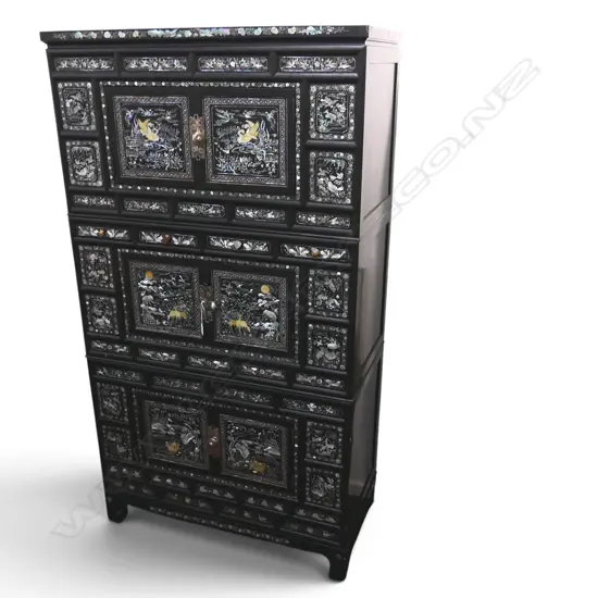 LG KOREAN 3 PART CABINET; BLACK LAQUER w. MoP INLAY one drawer handle missing 1010x495x1835mm