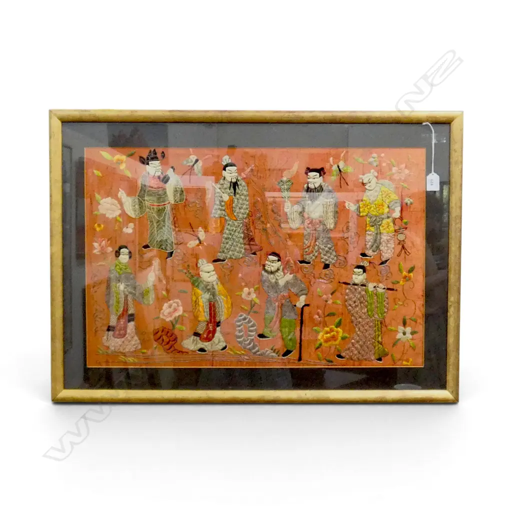 FRAMED ORIENTAL NEEDLEWORK EMBROIDERY; 8 FIGURES 450x690mm Image 1++