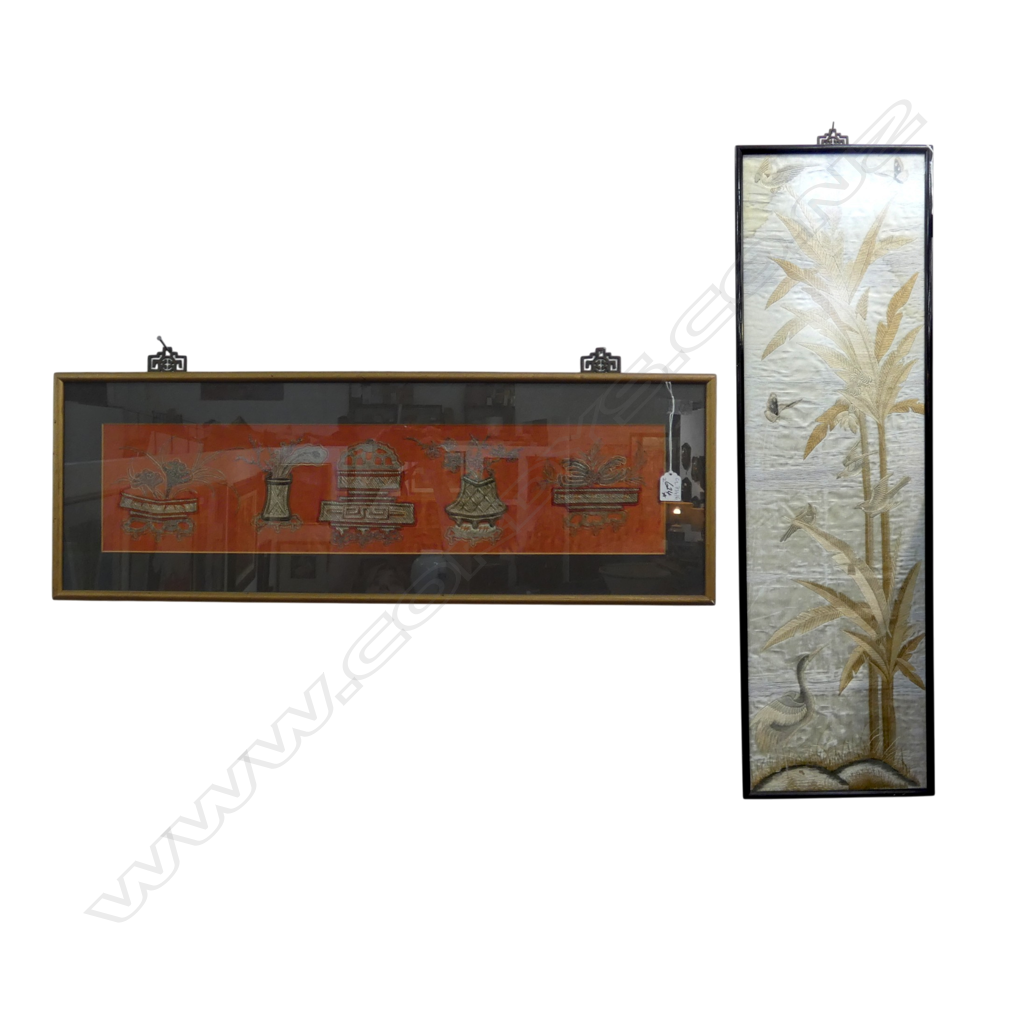 2 FRAMED ORIENTAL EMBROIDERIES 155x695mm, 1010x285mm Image 1++