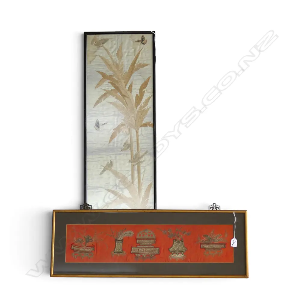 2 FRAMED ORIENTAL EMBROIDERIES 155x695mm, 1010x285mm Image 1++