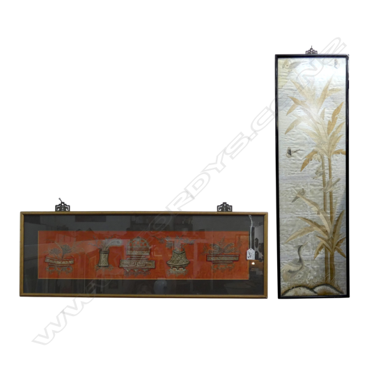 2 FRAMED ORIENTAL EMBROIDERIES 155x695mm, 1010x285mm
