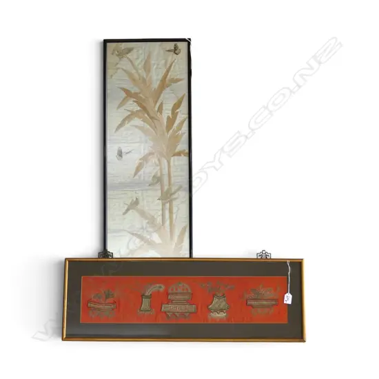 2 FRAMED ORIENTAL EMBROIDERIES 155x695mm, 1010x285mm