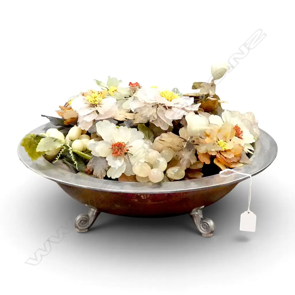 SILVER METAL BOWL w. GEMSTONE FLOWERS H.300mm 470mm dia Image 1++