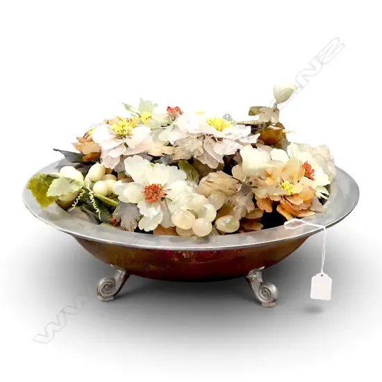 SILVER METAL BOWL w. GEMSTONE FLOWERS H.300mm 470mm dia