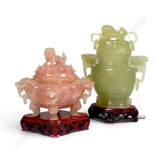2 ORIENTAL CARVED GEMSTONE LIDDED CONTAINERS H.245mm