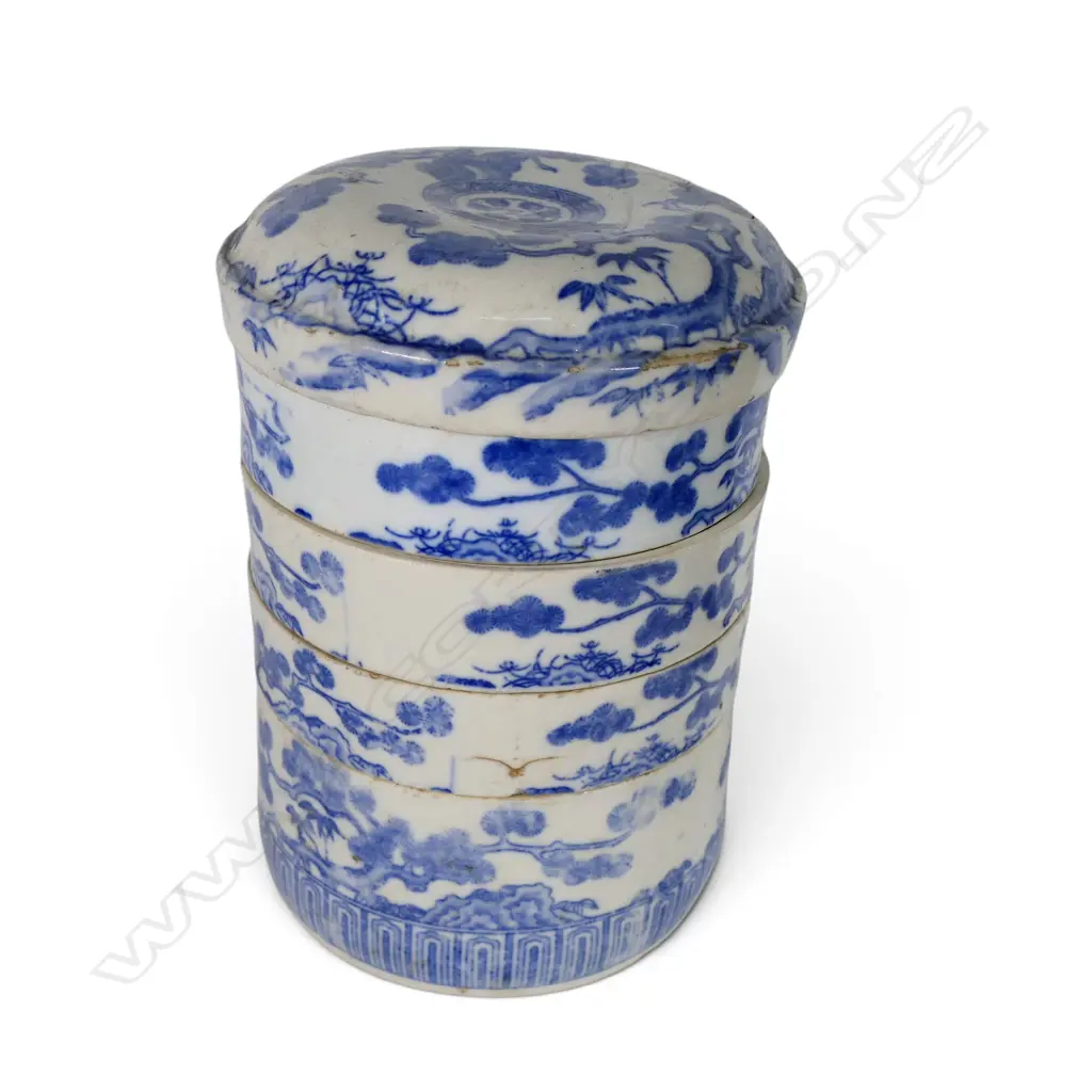 ANTIQUE B/W CERAMIC JUBAKO STACKING FOOD BOX H.260mm, 190mm dia Image 1++