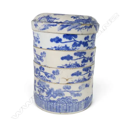 ANTIQUE B/W CERAMIC JUBAKO STACKING FOOD BOX H.260mm, 190mm dia