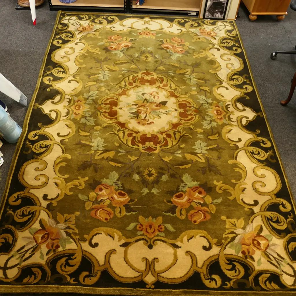 LARGE INDIAN WOOL RUG 1900 x 2800mm. Scrolling designs green & other tones Image 1++