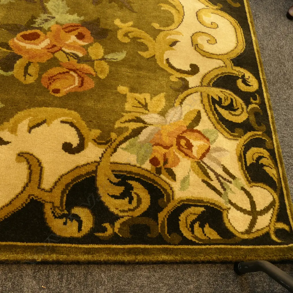 LARGE INDIAN WOOL RUG 1900 x 2800mm. Scrolling designs green & other tones Image 1++