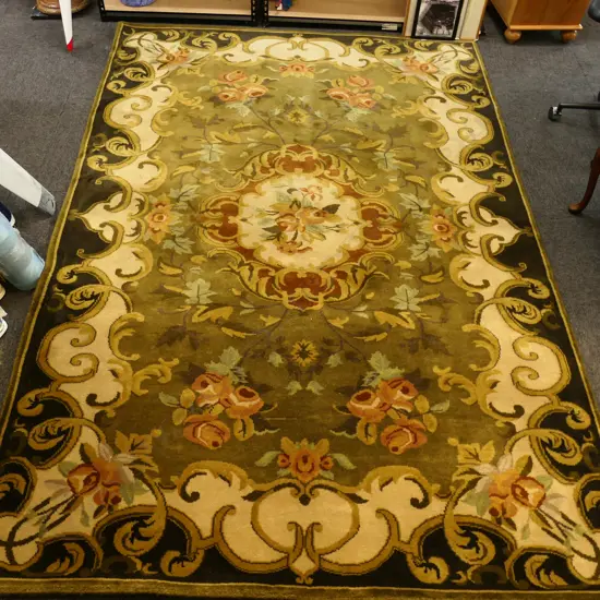 LARGE INDIAN WOOL RUG 1900 x 2800mm. Scrolling designs green & other tones
