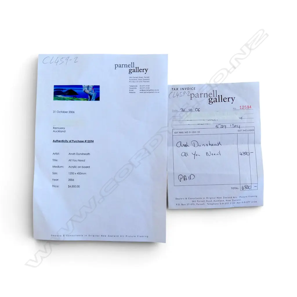 with purchase reciept from Parnell Gallery $4 Image 1++