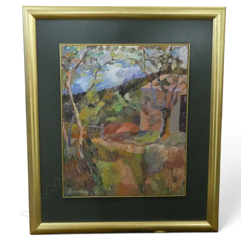 Loveday Kingsford NZ b.1937- OIL ON BOARD Rural Scene with Farm Building. Signed. 340 x 280mm Image 1++