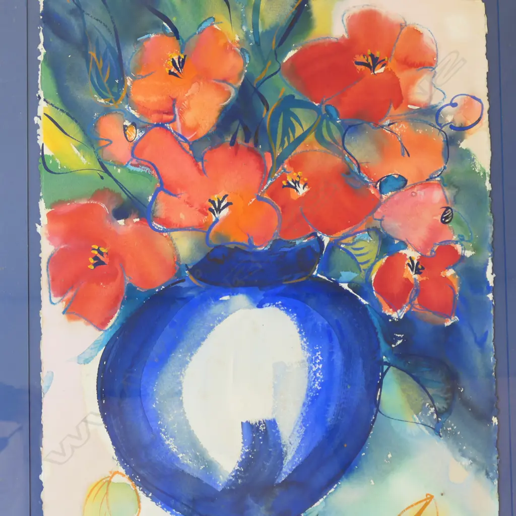 ROYCE McGLASHEN WATERCOLOUR FLORAL STILL LIFE red flowers blue vase signed & dated '87. 760 x 580mm Image 1++