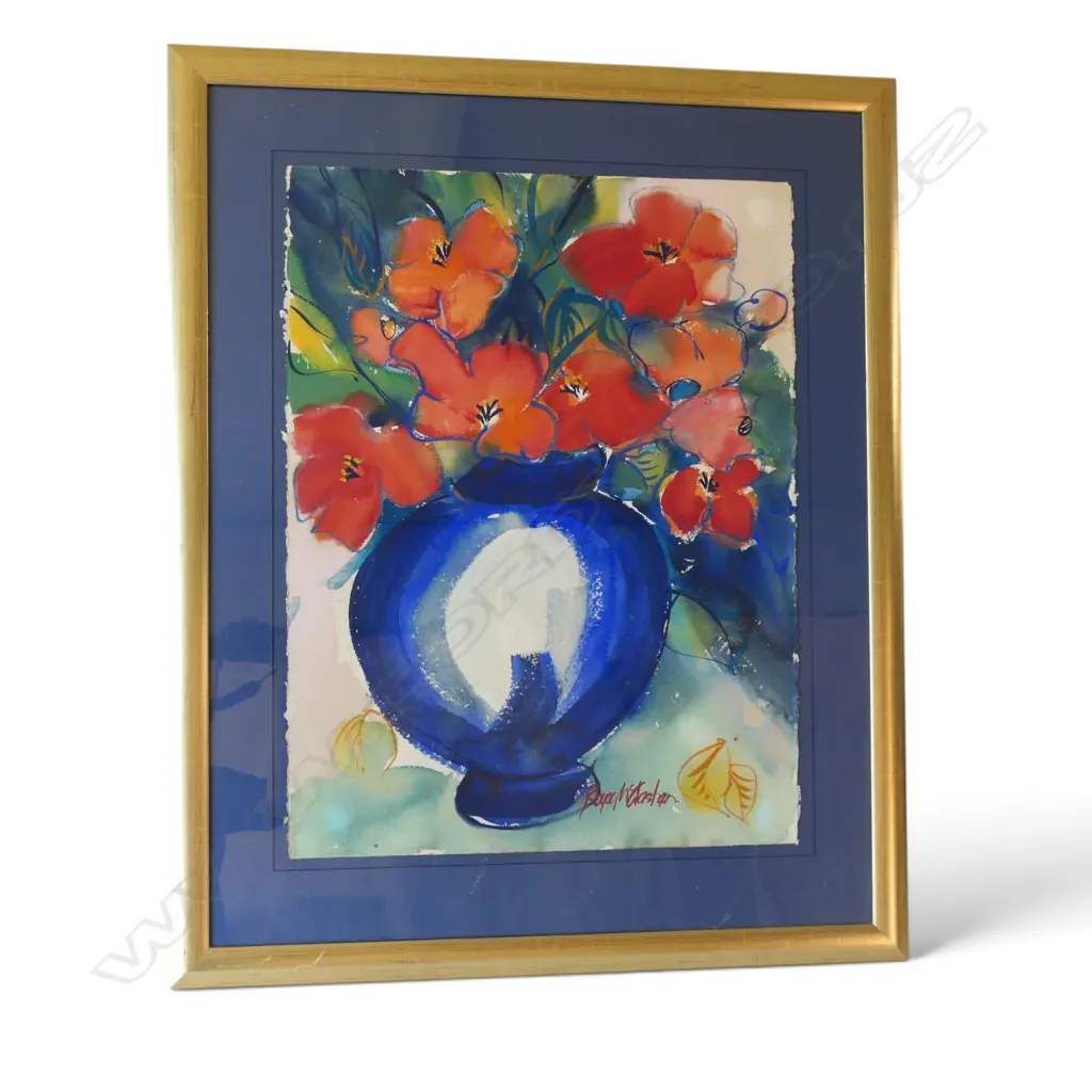ROYCE McGLASHEN WATERCOLOUR FLORAL STILL LIFE red flowers blue vase signed & dated '87. 760 x 580mm Image 1++