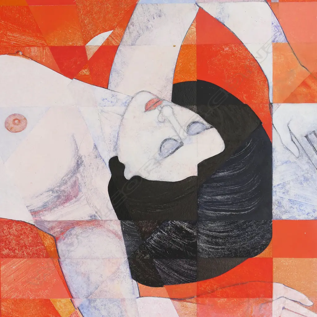 # Paterson Parkin (NZ 1948-) Nude in Red,  acrylic on board, signed and dated 2002. 550 x 850mm. Image 1++