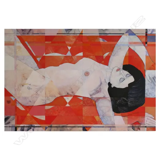 # Paterson Parkin (NZ 1948-) Nude in Red,  acrylic on board, signed and dated 2002. 550 x 850mm.