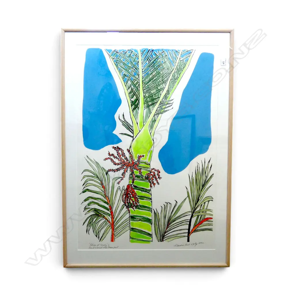 Claudia Pond-Eyley (NZ, 1946-) Hand coloured SILK SCREEN PRINT 'NIKAU AT TAKATU' Ltd. Ed. 1/12. Signed & dated '92 Image 1++