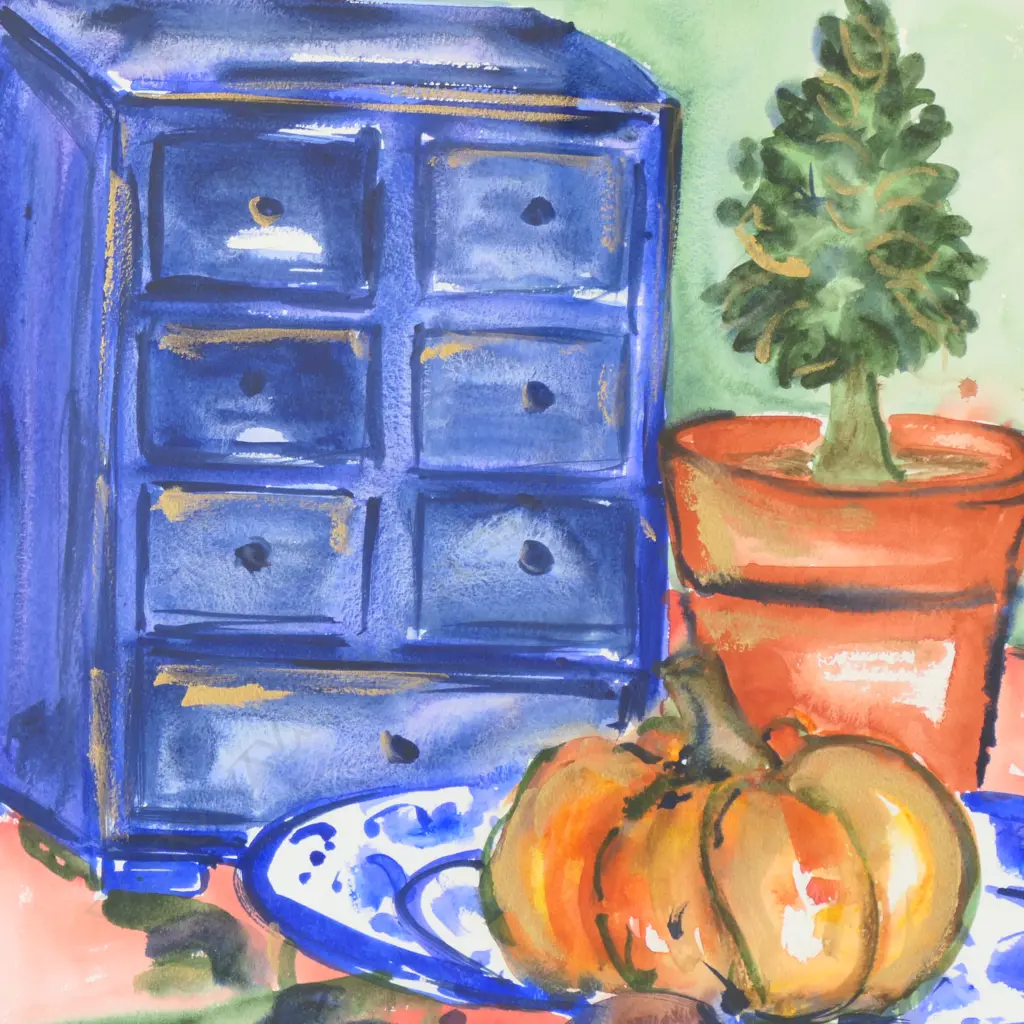 MARCIA SCOTT WATERCOLOUR STILL LIFE w chest & pumpkin signed & dated '96. 640 x 500mm Image 1++