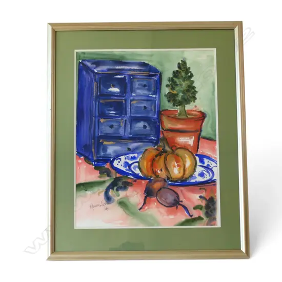MARCIA SCOTT WATERCOLOUR STILL LIFE w chest & pumpkin signed & dated '96. 640 x 500mm