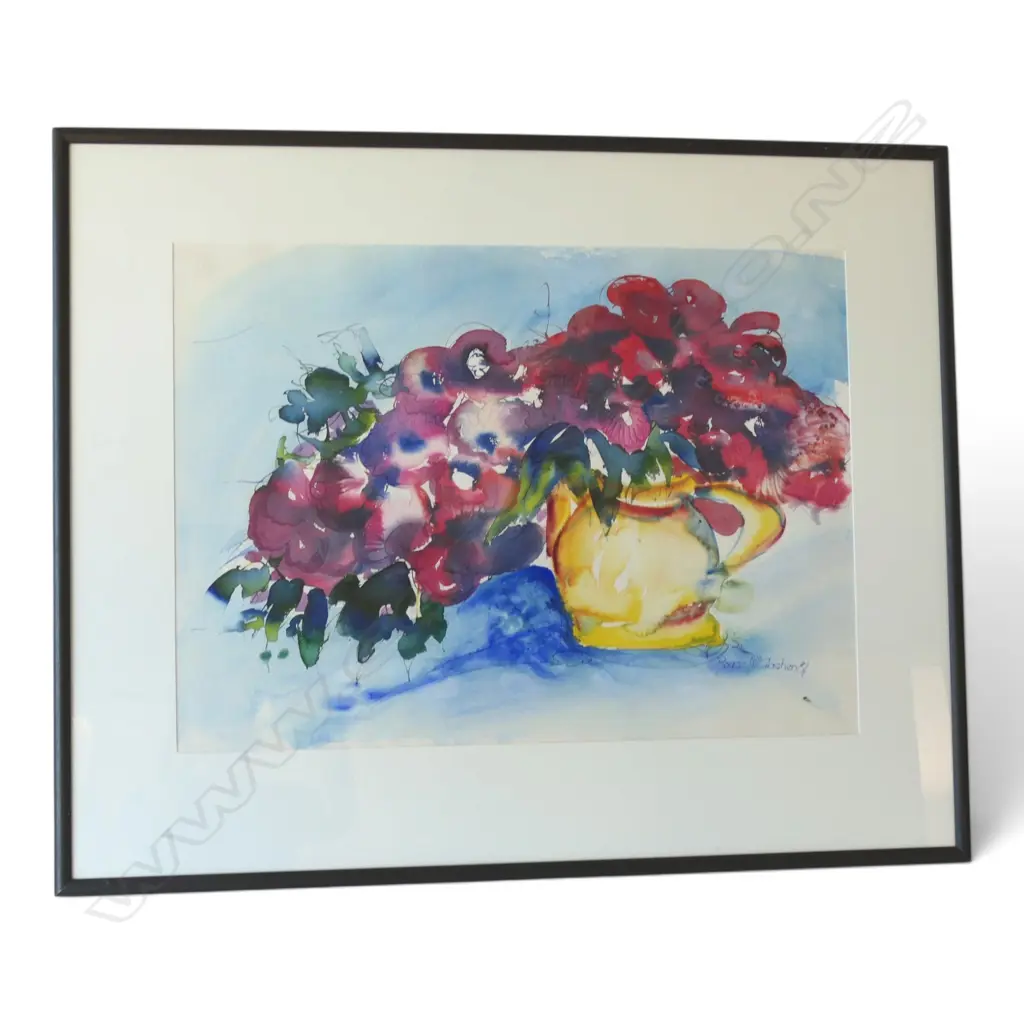 ROYCE McGLASHEN WATERCOLOUR FLORAL STILL LIFE IN YELLOW JUG signed & dated '87. 540 x 750mm Image 1++