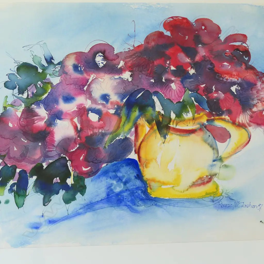 ROYCE McGLASHEN WATERCOLOUR FLORAL STILL LIFE IN YELLOW JUG signed & dated '87. 540 x 750mm Image 1++