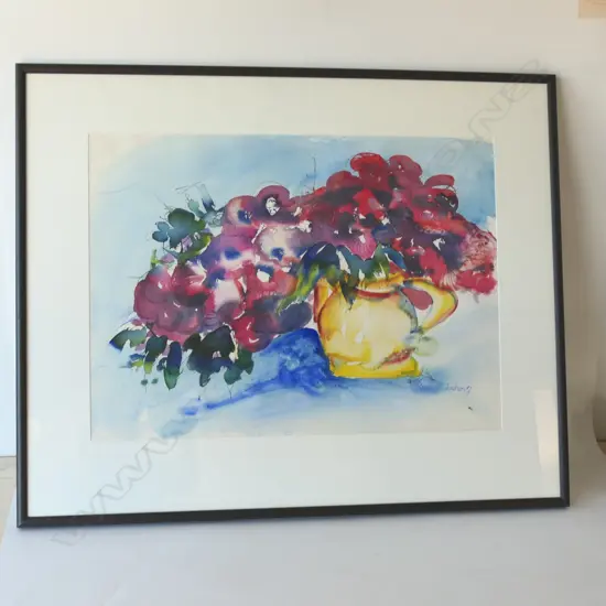 ROYCE McGLASHEN WATERCOLOUR FLORAL STILL LIFE IN YELLOW JUG signed & dated '87. 540 x 750mm