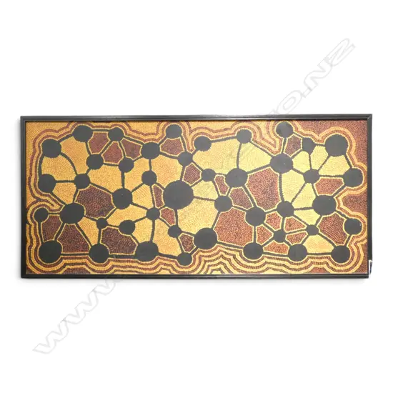 ALLAN KENDA (1930-) 'MULGA SEED' ABORIGINAL ACRYLIC PAINTING ON CANVAS BOARD. 590 x 1310mm