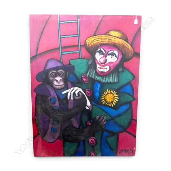 ROGER STAPLES, CLOWN AND MONKEY, SIGNED & DATED 1988, OIL ON CANVAS, 1205x905mm