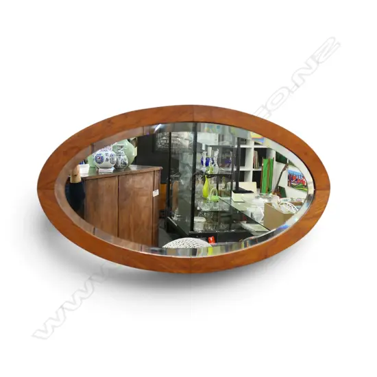 MID-CENTURY OAK OVAL BEVELLED GLASS MIRROR WITH CHAIN, 790 X 440MM