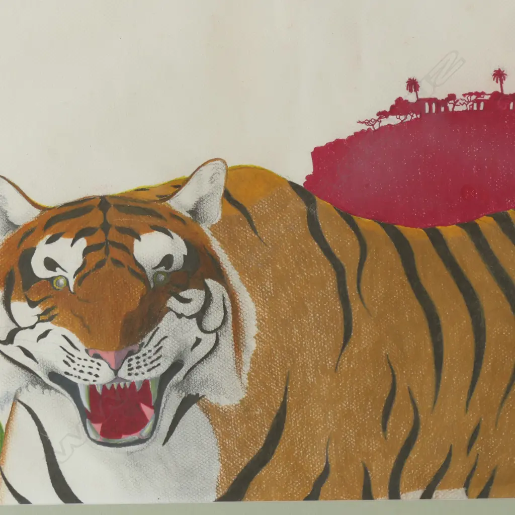 FRAMED ROARING TIGER ILLUSTRATION, GOUACHE AND PENCIL ON PAPER, 540 X 730MM Image 1++