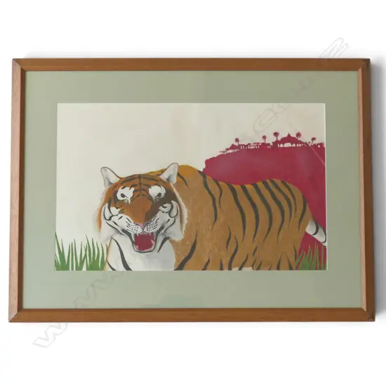 FRAMED ROARING TIGER ILLUSTRATION, GOUACHE AND PENCIL ON PAPER, 540 X 730MM