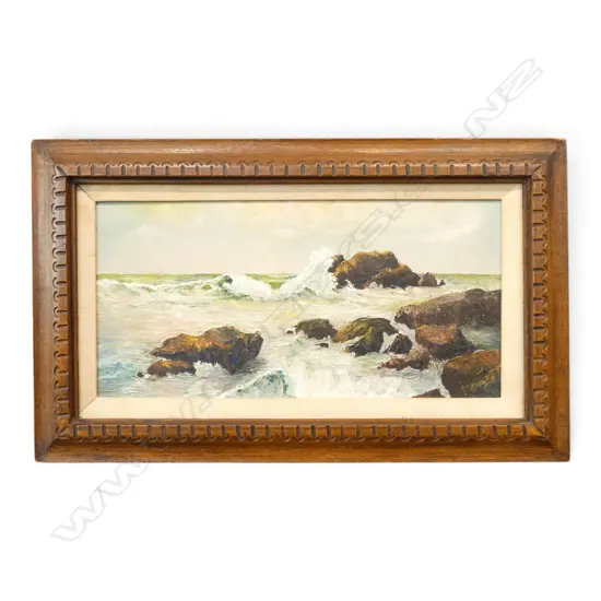 JUDY ENGLER, ROCKY COASTLINE, SIGNED & DATED 1966, OIL ON CANVAS, 290x600mm