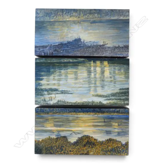 3 UNSIGNED ROGER STAPLES WORKS OF ESTUARIES, OIL ON CANVAS, 255x510mm
