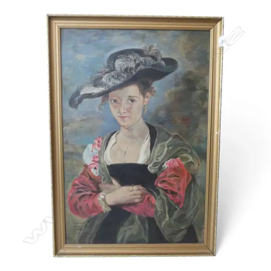 F. G. ELMES 'LE CHAPEAU DE PAILLE' AFTER RUBENS 1622, ACRYLIC ON CANVAS, 1980 745x495mm
