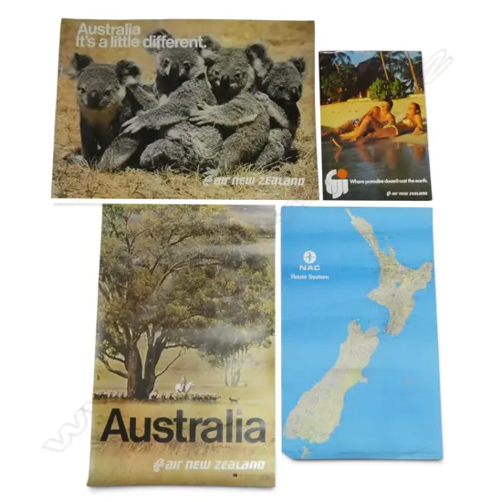 4 VINTAGE TRAVEL POSTERS - AUSTRALIA X 2, FIJI AND NAC ROUTE MAP OF NEW ZEALAND - DAMAGE (SEE DESCRIPTION)