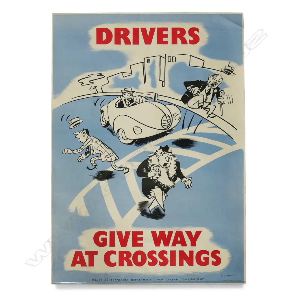 VINTAGE POSTER 'DRIVERS GIVE WAY AT CROSSINGS' issued by Transport Dept. NZ Government 735 x 480mm Image 1++
