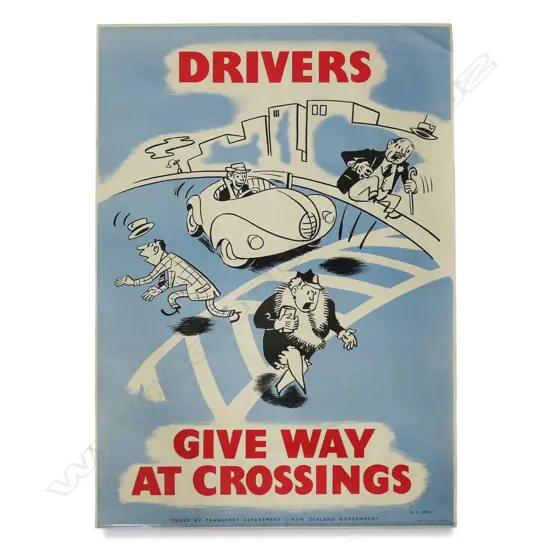 VINTAGE POSTER 'DRIVERS GIVE WAY AT CROSSINGS' issued by Transport Dept. NZ Government 735 x 480mm