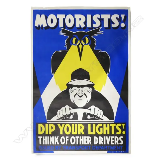 VINTAGE POSTER 'MOTORISTS! DIP YOUR LIGHTS! THINK OF OTHER DRIVERS Issued by Transport Department' BY D. Carr 750 x 490m
