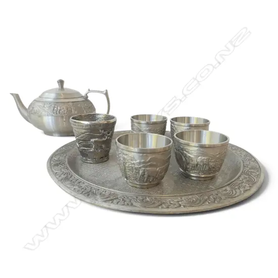ORNAMENTAL PEWTER TEA SET ON TRAY + DRAM SHOT CUP