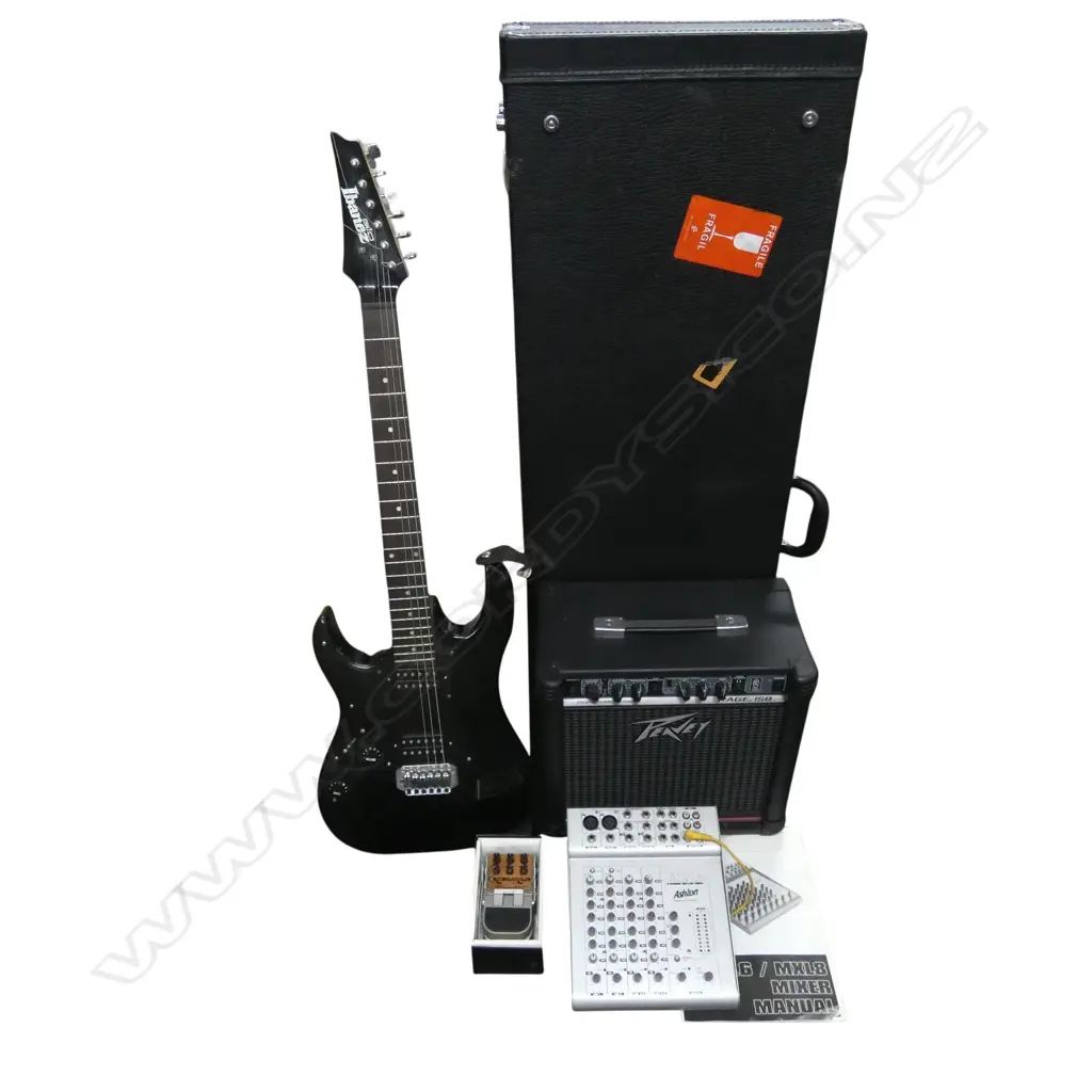 LEFT HANDED IBANEZ ELECTRIC BASS GUITAR (ASHTON CASE), MXL6 LINE MIXER, PEAVEY 'RAGE 158' AMPLIFIER Image 1++