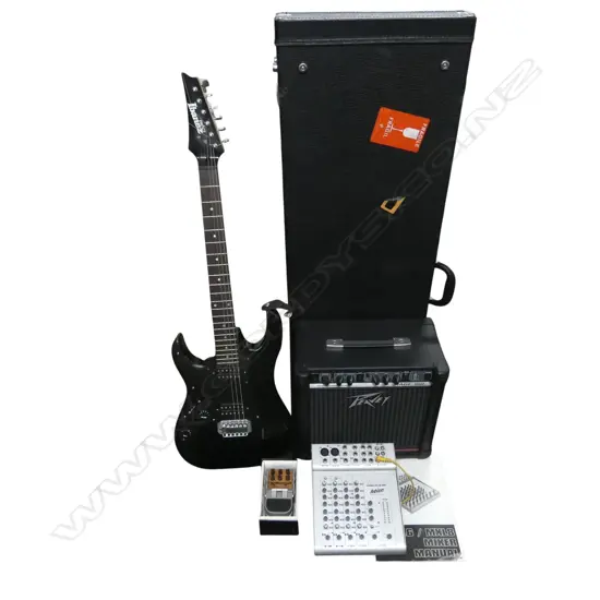 LEFT HANDED IBANEZ ELECTRIC BASS GUITAR (ASHTON CASE), MXL6 LINE MIXER, PEAVEY 'RAGE 158' AMPLIFIER